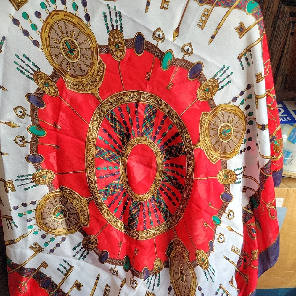 Vintage 80s Leslie Fay Red and Gold Scarf Keys Blue Border